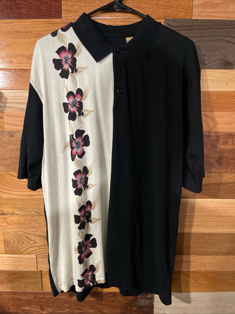 Bobby Chan Men's Black & Cream Floral Polo Shirt Sz L Silk/Cotton Blend
